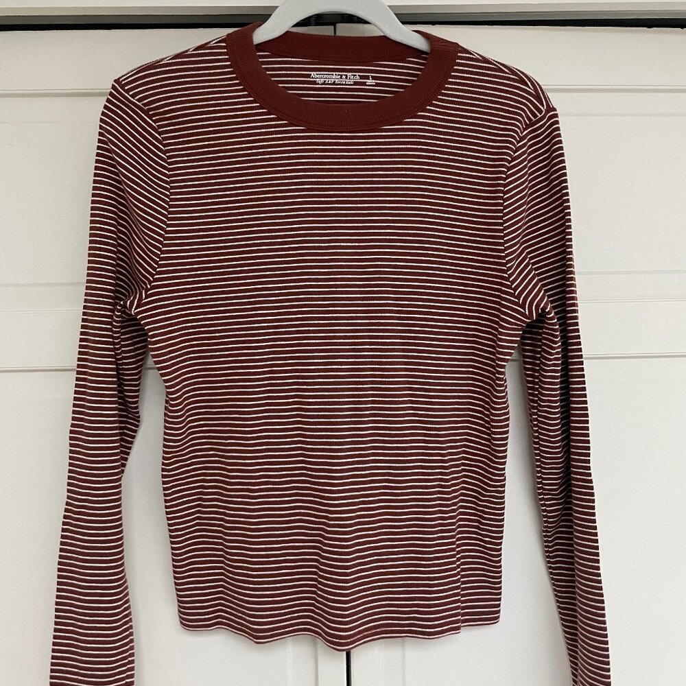 Abercrombie Essentials Long-Sleeve Ribbed Crew Top - Size L - Brown Stripe